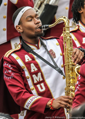 Bulldogs Band Member plays during halftime festivities
