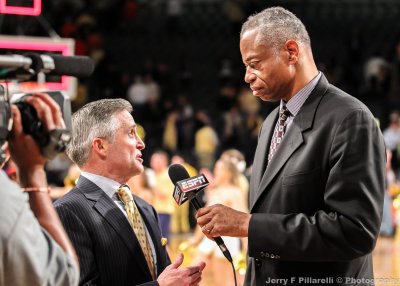 Georgia Tech Yellow Jackets Head Coach Brian Gregory is interviewed by ESPN Announcer Len Elmore