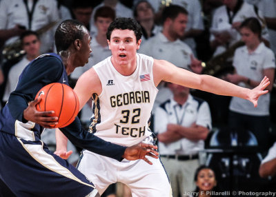 Georgia Tech G Brooks Doyle squares up on East Tennessee State G Harris
