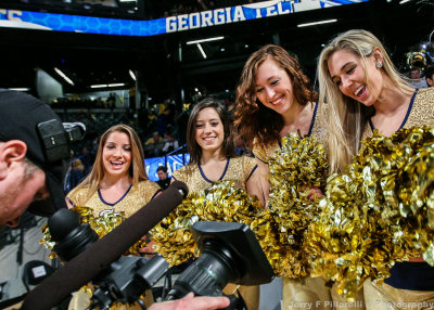 Yellow Jackets Dance Team Members mug for the TV camera during a timeout