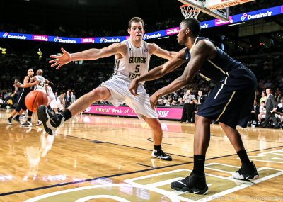 Georgia Tech C Daniel Miller defends the Pittsburgh inbounds pass