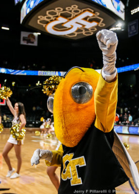 Georgia Tech Mascot Buzz on the court during a timeout