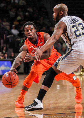 Clemson G Rod Hall delivers a pass around Georgia Tech G Golden