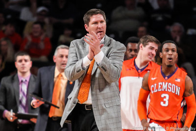 Clemson Tigers Head Coach Brad Brownell applauds the play of his team
