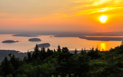 The islands in Frenchman Bay early in the morning from Cadillac Mountain in Acadia National Park