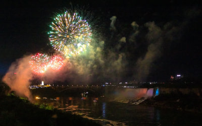 Fireworks over Rainbow Bridge and the US Falls in Niagara Falls