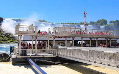 Boarding the Maid of the Mist with the US Falls as a backdrop 