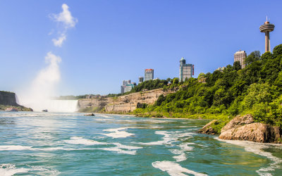 The city of Niagara Falls lines the Canadian side of the gorge overlooking Horseshoe Falls