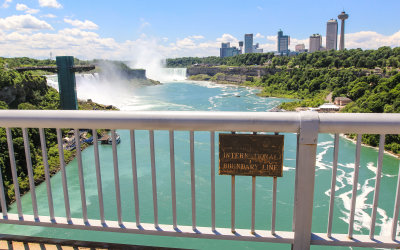 The view straddling the US-Canadian border on Rainbow Bridge at Niagara Falls