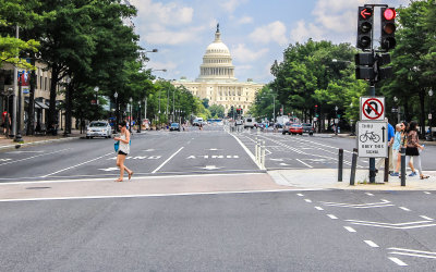 Looking down Pennsylvania Avenue at the United States Capitol Building in Washington DC
