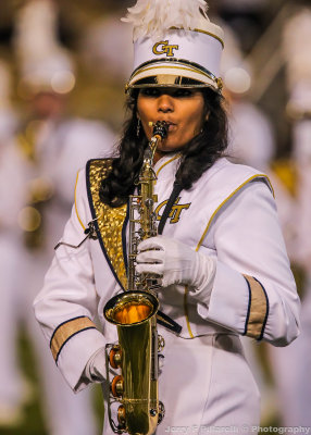 Georgia Tech Band member marches at halftime
