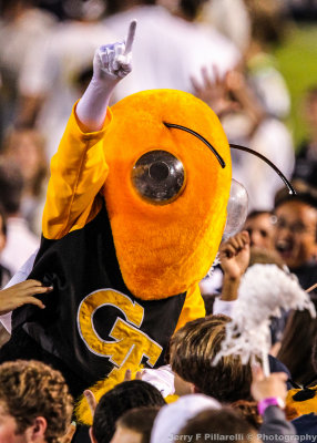 GT mascot Buzz celebrates in the sea of fans after the game