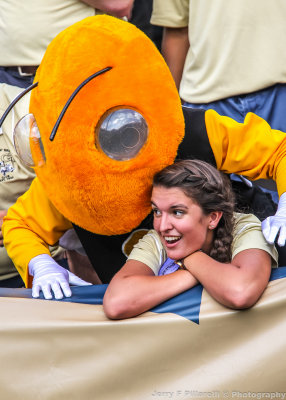 Yellow Jackets Mascot Buzz makes a friend in the student section