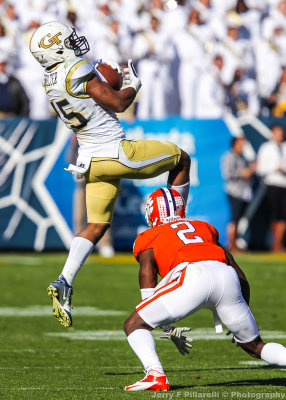 Jackets WR Smelter leaps to make a catch over Clemson CB Alexander
