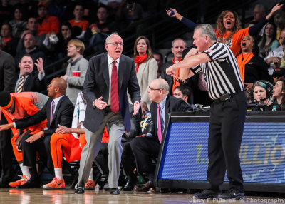 Syracuse Orange Head Coach Jim Boeheim disagrees with a traveling call