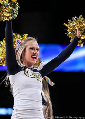 Jackets Cheerleader shouts to the crowd during a timeout