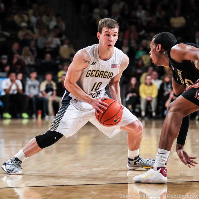 Georgia Tech G Jorgenson works against Florida State G Xavier Rathan-Mayes