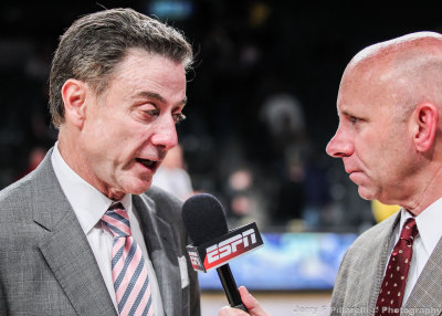 Louisville Cardinals Head Coach Rick Pitino is interviewed by ESPN Analyst Sean McDonough after the game