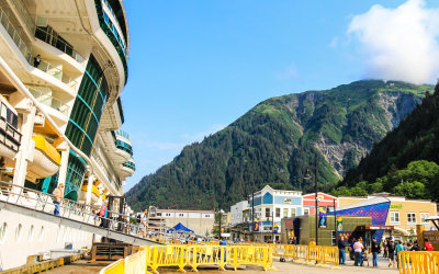 Large cruise ship docked at the waterfront in Juneau Alaska