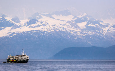 A ship explores the bay in Glacier Bay National Park