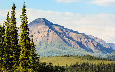 Early morning view of Cathedral Mountain in Denali National Park