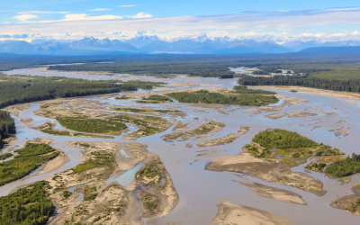 Flying toward the Alaska Range over the Chulitna River from Talkeetna