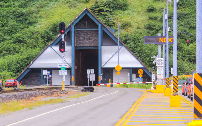 Entrance to the one lane Anton Anderson tunnel heading toward Whittier