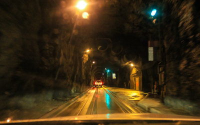 Inside the 2.5 mile one lane Anton Anderson tunnel heading toward Whittier
