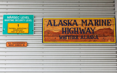 Signs for the Alaska Marine Highway Ferry Terminal in Whittier