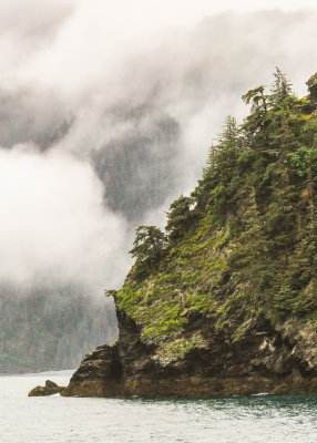 A rocky point in the fog in Kenai Fjords National Park