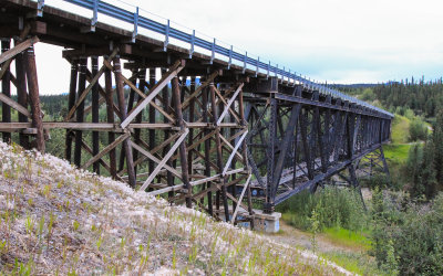 The Kuskulana Bridge, originally a railroad bridge built in 1910, along the McCarthy Road in Wrangell-St Elias National Park