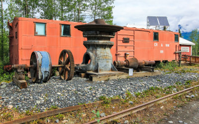 A rock crusher in front of the McCarthy-Kennecott Museum in Wrangell-St Elias National Park