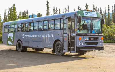 Tour bus along the 92-mile dirt Denali Park Road in Denali National Park