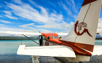 Floatplane parked at Brooks Lodge on the Iliuk Arm of Naknek Lake in Katmai National Park