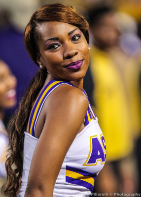 Alcorn State Cheerleader performs for the crowd
