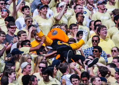 Georgia Tech Mascot Buzz is passed up the north end zone student section
