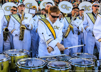Tech Band Drummer performs on the sidelines during a break in the action