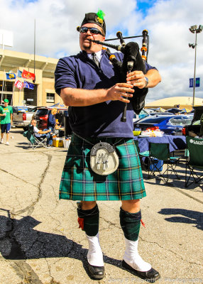 The bagpipe plays at the Notre Dame tailgate party