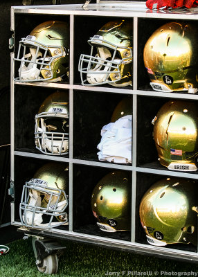 Notre Dame Fighting Irish helmets on the sidelines before the game