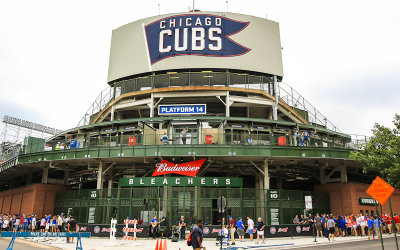 The bleacher entrance gates at the corner of Waveland & Sheffield