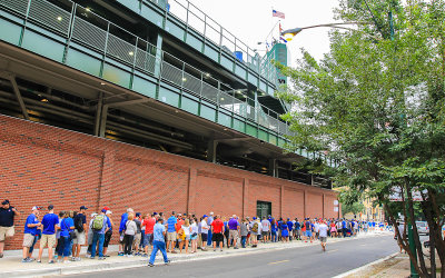 Fans waiting to get into the bleachers as seen from Sheffield Avenue