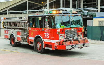 Engine Company 78 pulls into the station on Waveland Avenue across from Wrigley Field