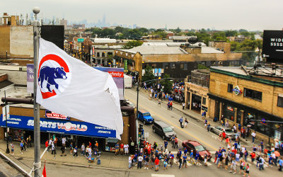 Downtown Chicago in the distance from above the corner of Clark & Addison