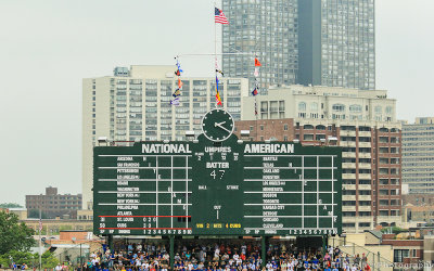 The old manually operated scoreboard at Wrigley Field