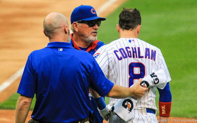 Coach Joe Maddon and a trainer check on outfielder Chris Coghlan after being hit by a pitch