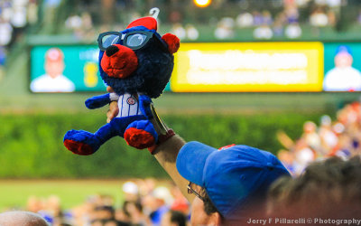 A Cubs fan holds a Chicago Cub bear high at Wrigley Field