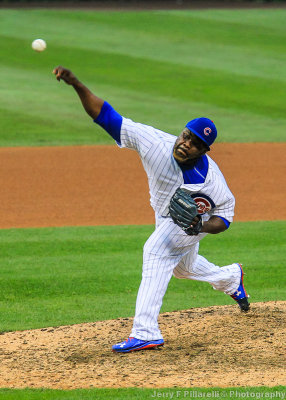 Cubs Closer Fernando Rodney pitches late in the game at Wrigley Field