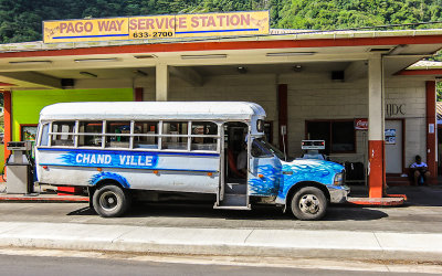 Aiga (family) run bus at the Pago Way service station in Pago Pago on American Samoa