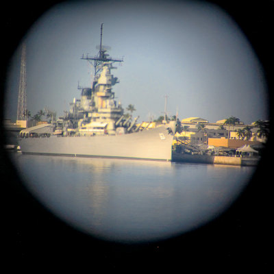 View of the Battleship Missouri through the periscope of the USS Bowfin in Pearl Harbor