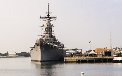 The Battleship Missouri, where World War II ended in 1945, docked in Pearl Harbor